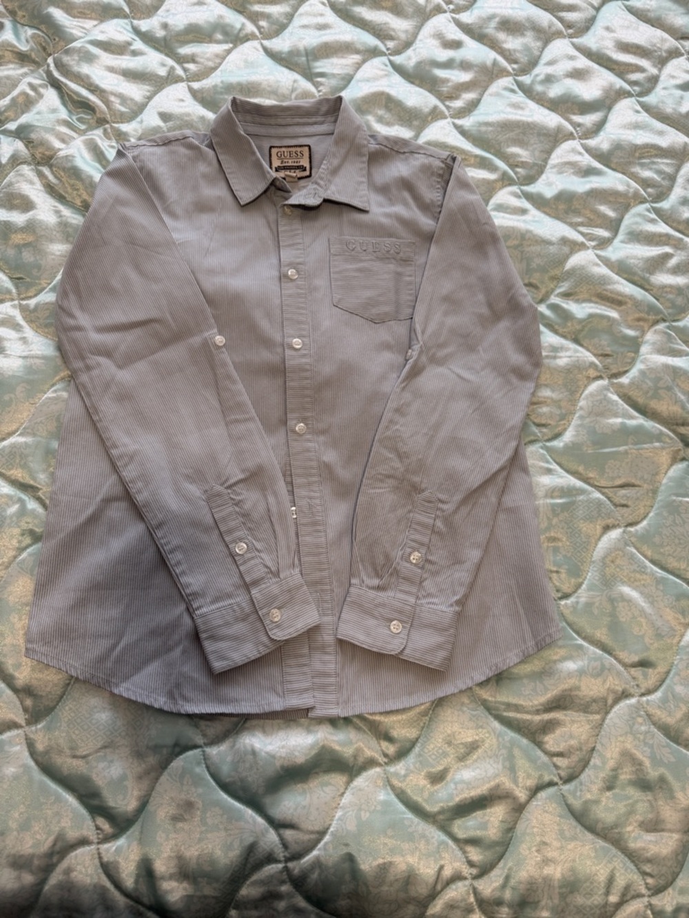 Guess Light Blue Pinstriped Button-Down Shirt